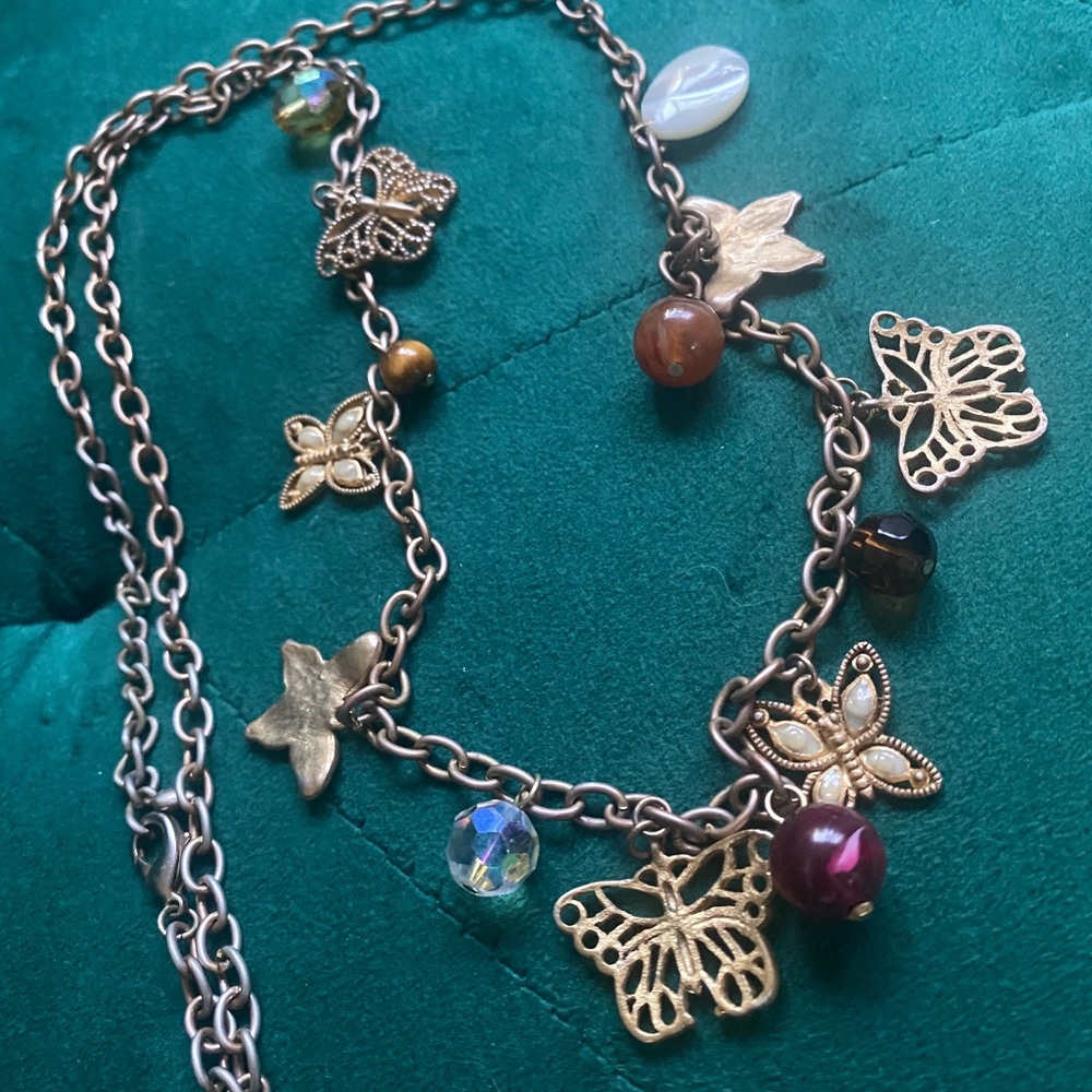 Sweater weather time to bring out your long necklaces butterfly stone chain